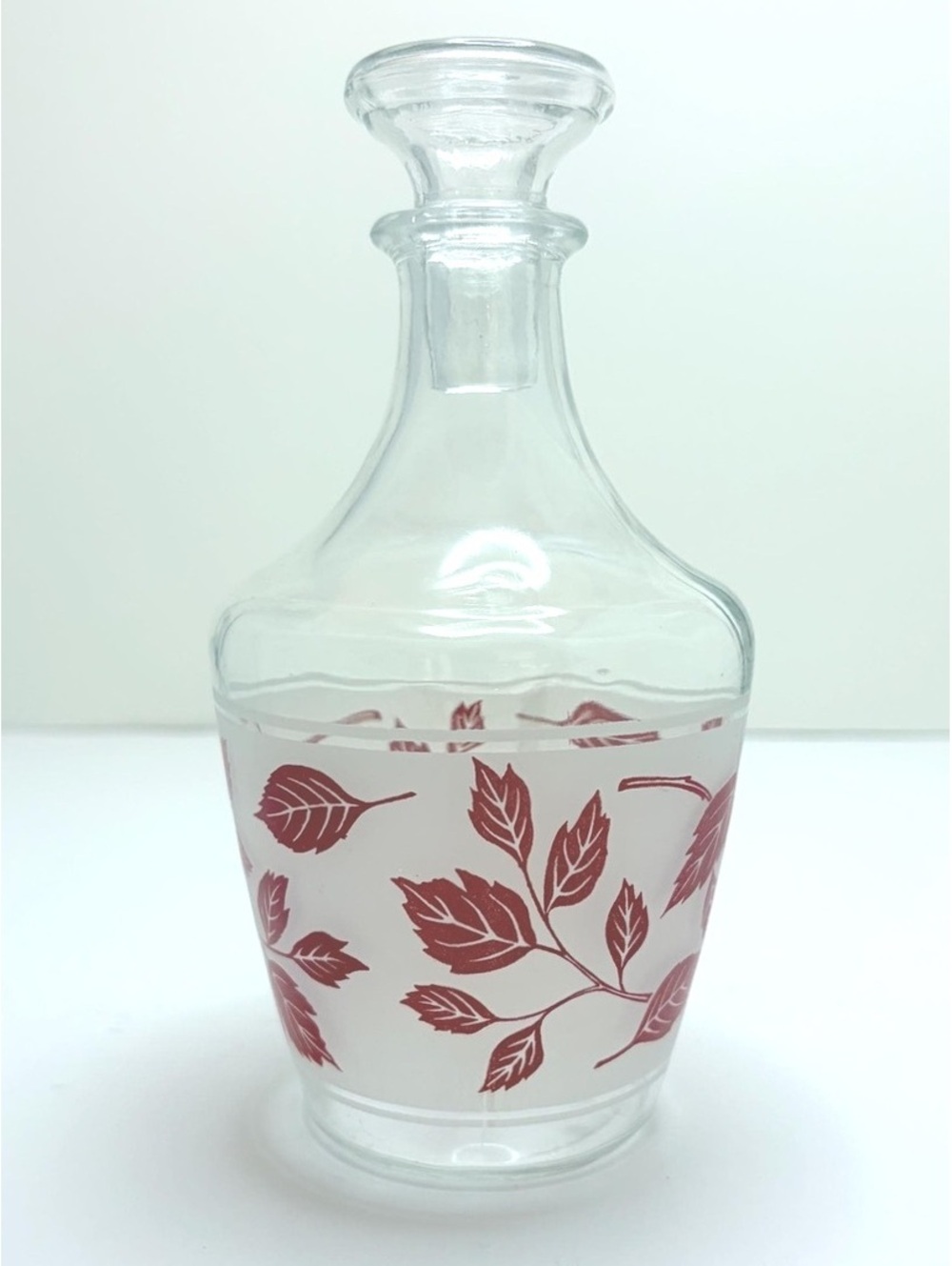 Vintage French Glass Decanter with Red Leaf Pattern | Made in France